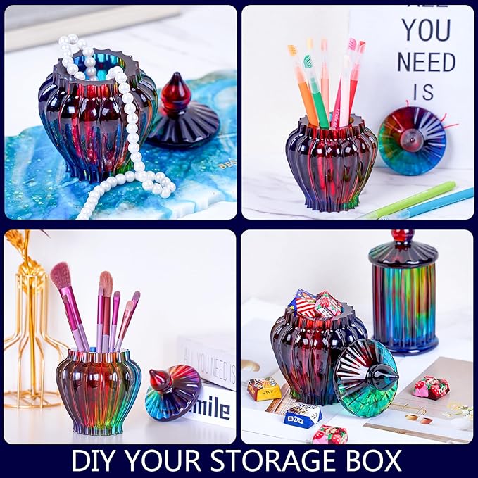 Silicone Box Mold with Lid Resin Epoxy Casting Molds Vintage Striped Wave Candle Jar Cement Mould for Resin Craft Making DIY Art Jewelry Trinket Organizer Candy Container Concrete Moulds Home Decor