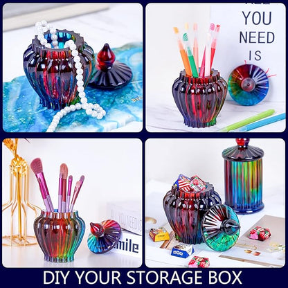 Silicone Box Mold with Lid Resin Epoxy Casting Molds Vintage Striped Wave Candle Jar Cement Mould for Resin Craft Making DIY Art Jewelry Trinket Organizer Candy Container Concrete Moulds Home Decor