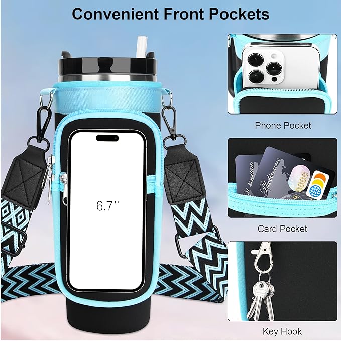Water Bottle Carrier Bag with Strap for Stanley 40/30 oz Tumbler with Handle, Water Bottle Holder Pouch with Phone Pocket for Stanley Cup Accessories, fit Walking Hiking Travel