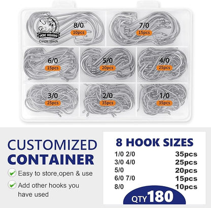 UCEC Circle Hooks Fishing Hooks 2X Strong Offset Circle Hooks Saltwater Black High Carbon Steel Octopus Catfish Fishing Hooks Fishing Gear Tackle 150pcs/ 240pcs - Size:#1 1/0 2/0 3/0 4/0 5/0 6/0 8/0