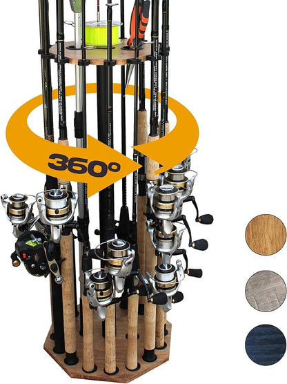 Rush Creek Creations 16-Rod Round Fishing Rod Holder for Garage, 360° Access Fishing Pole Holder for Fishing Rods, Reels, Gear, and Accessories, Securely Holds 16 Rods, Wood Grain