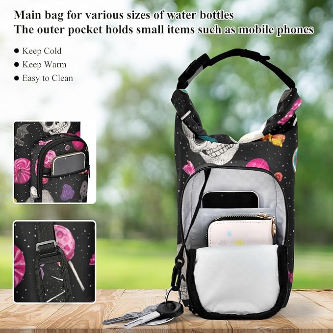Halloween Skulls Lollipops Bats Water Bottle Holder with Strap Insulated Water Bottle Carrier Crossbody Bags Pouch with Phone Pocket for Travel Gym Hiking Walking Running