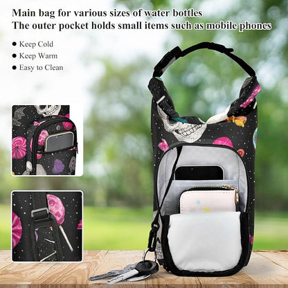 Halloween Skulls Lollipops Bats Water Bottle Holder with Strap Insulated Water Bottle Carrier Crossbody Bags Pouch with Phone Pocket for Travel Gym Hiking Walking Running