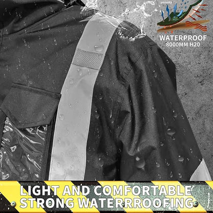 Hi-Vis Reflective Safety Rain Jacket and Pants for Men Women Waterproof Rain Gears with Inner Mesh Lining and pocket，Black 2XL/3XL