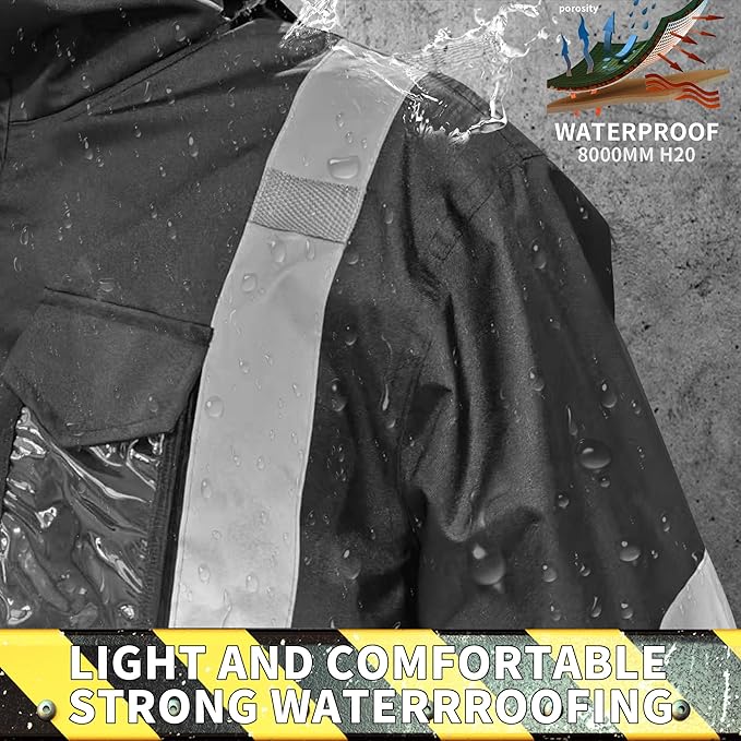 Hi-Vis Reflective Safety Rain Jacket and Pants for Men Women Waterproof Rain Gears with Inner Mesh Lining and pocket，Black 4XL/5XL