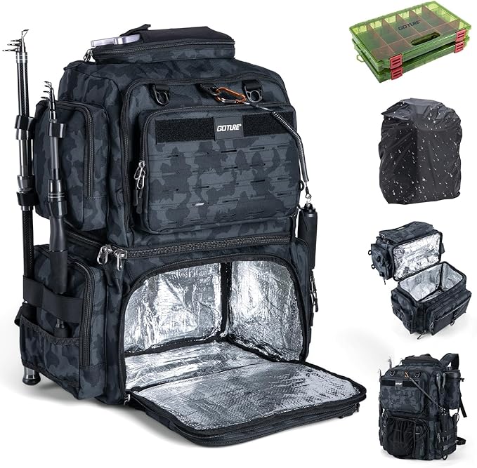 Goture Fishing Backpack with 2 Tackle Boxes, 53L 600D Water-Resistant Tackle Backpack with Cooler,Rod Holders, 8 Lure Pockets, Rain Cover, Large Fishing Bag Storage Gear Tackle Bag for Camping Hiking
