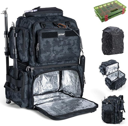 Goture Fishing Backpack with 2 Tackle Boxes, 53L 600D Water-Resistant Tackle Backpack with Cooler,Rod Holders, 8 Lure Pockets, Rain Cover, Large Fishing Bag Storage Gear Tackle Bag for Camping Hiking