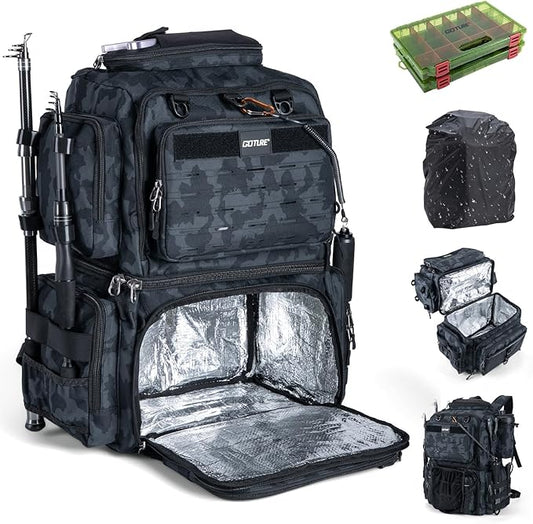 Goture Fishing Backpack with 2 Tackle Boxes, 53L 600D Water-Resistant Tackle Backpack with Cooler,Rod Holders, 8 Lure Pockets, Rain Cover, Large Fishing Bag Storage Gear Tackle Bag for Camping Hiking
