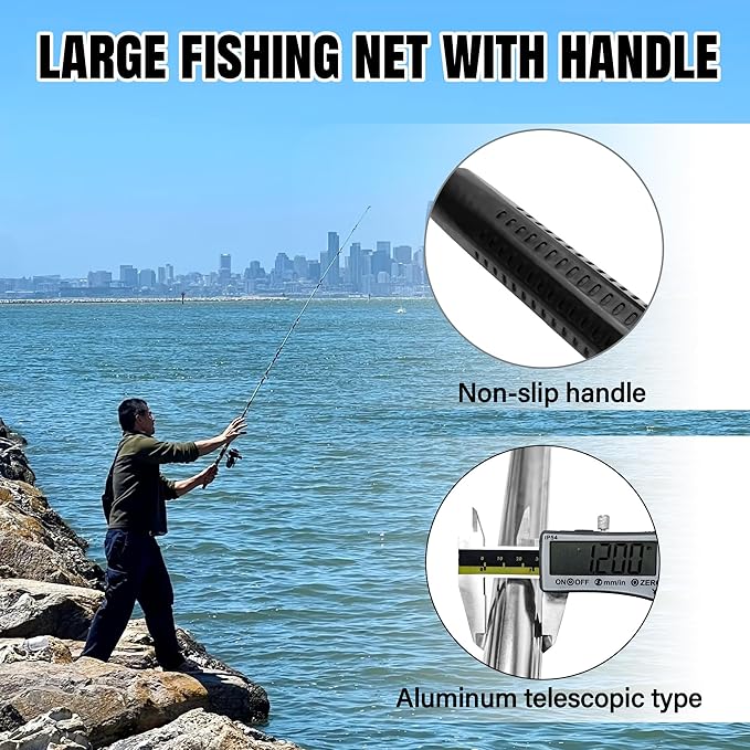 Heavy Duty Extra Large Rubber Fishing Net - Aluminum Telescoping Handle (67-100in), 20in Net Opening for Saltwater Fishing