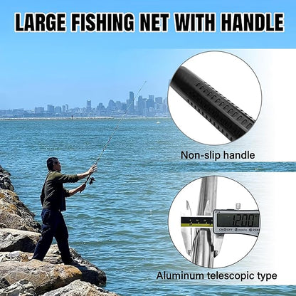Heavy Duty Extra Large Rubber Fishing Net - Aluminum Telescoping Handle (67-100in), 20in Net Opening for Saltwater Fishing