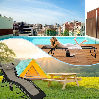 Outdoor Folding Lounge Chair Padded for Adults 264Ibs Patio Chaise Lounge Chair for Outside Adjustable 5-Position Reclining Beach Chair with Pillow Pocket