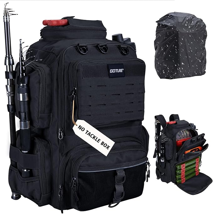 Goture Fishing Backpack,900D Water-Resistant Tackle Backpack with Rod Holders,45L Large Fishing Bag Storage Gear Tackle Bag with Rain Cover,Bottle Holder for Travel Camping Hiking(Without Tackle Box)