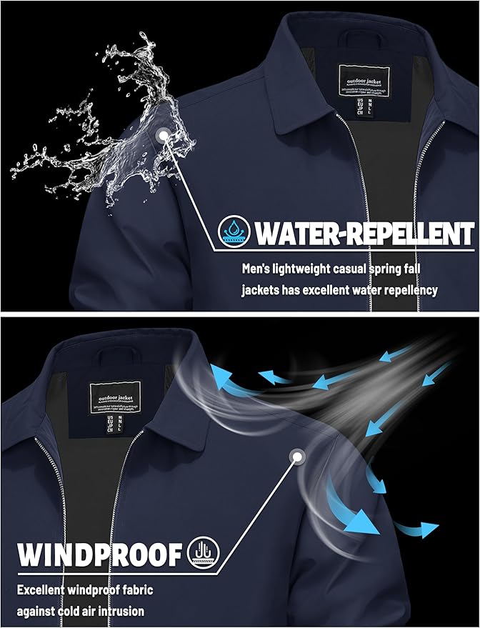 TACVASEN Mens Lightweight Windbreaker Full Zip Up Laydown Collar Jackets Light Casual Coat with Zip Pockets