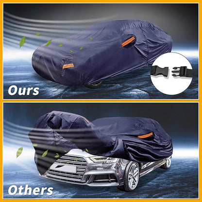 Universal Car Cover Waterproof All Weather 190T-PU, UV Sun Rain Protection, Fits for Sedan Length 178"-186", with Left Side Zipper, Navy Blue