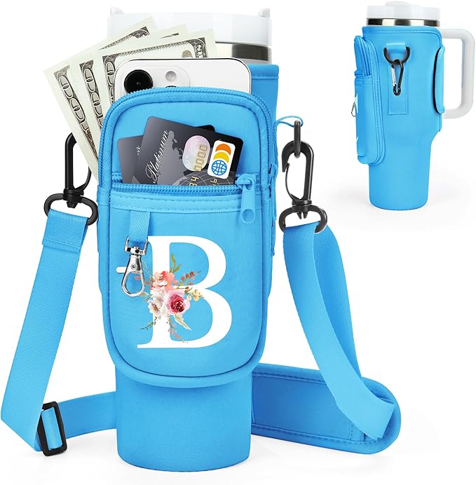 Initial Water Bottle Holder with Strap for Stanley 40 oz Tumbler/Simple Modern 40 oz Tumbler,Water Bottle Carrier Bag with Strap,Personalized A-Z Phone Pocket for Stanley Cup Accessories