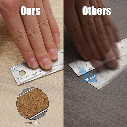 Metal Ruler with Cork Backing, 12 Inch Stainless Steel Rulers 12 Inch Metal Ruler 2 Pack- Imperial and Metric - Non-Slip Prevent Ink Leakage - for School Office Engineering Tools