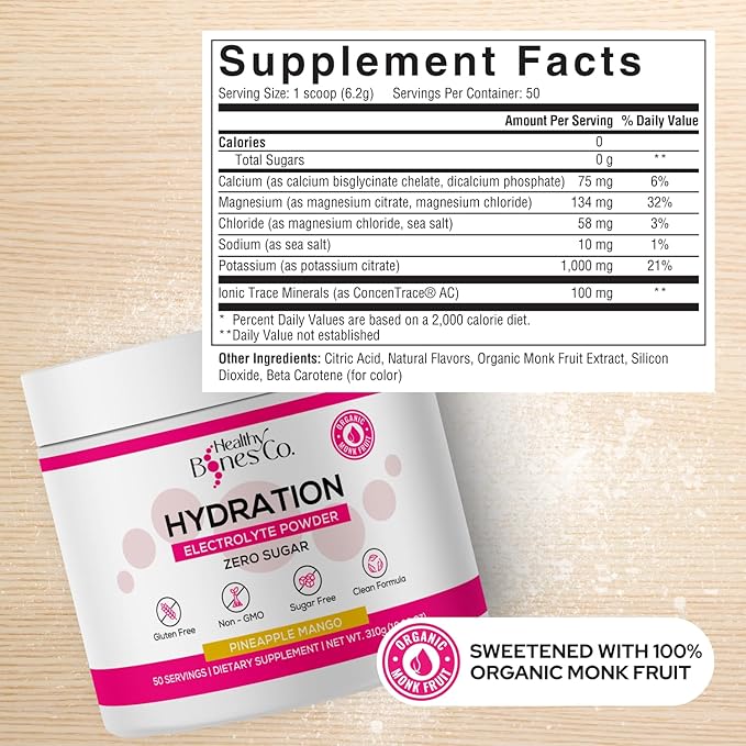 Sugar-Free Electrolyte Powder Drink Mix Fast Hydration Naturally Sweetened with Organic Monk Fruit, Pineapple Mango Flavor (310g) with Key Electrolytes and Trace Minerals –Keto Friendly, Vegan