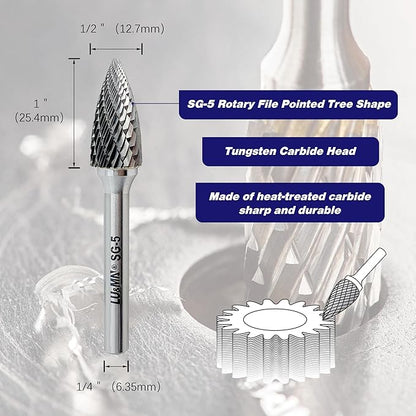 LU&MN SG-5 Double Cut Tree Shape Tungsten Carbide Rotary Burr with 1/4" Shank for Die Grinder and Drill,3PCS