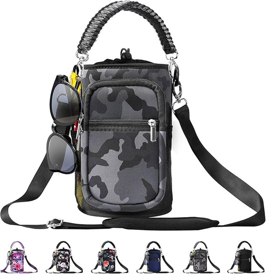 32/40/64/87/128 oz Water Bottle Carrier Bag, Neoprene Water Bottle Sleeve with 4 Pocket, Sport Water Holder with Paracord Handle and Shoulder Strap for Walking Hiking Camping Gym