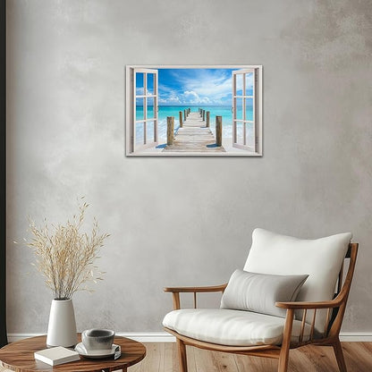 ANRUOXI Beach Pictures Wall Art Decor for Living Room, Blue Ocean Painting for Bedroom, White Window Frame Style Sea Bridge Canvas Wall Decor, Coastal Landscape Artwork for Office Bedroom 18x24 Inch