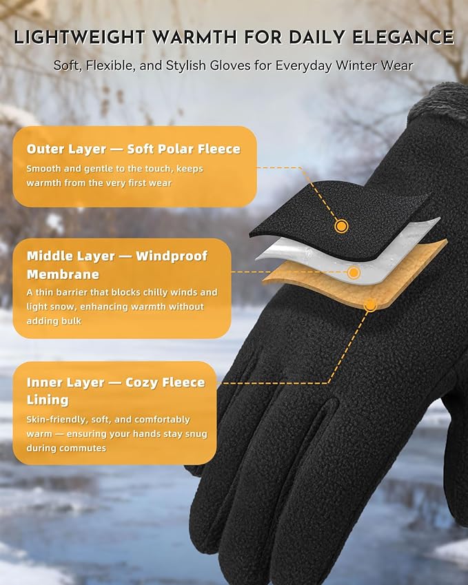 Winter Warm Gloves for Women - Fashion Style Windproof Cuffs Soft fleece - Touchscreen Thermal Flexible Gloves