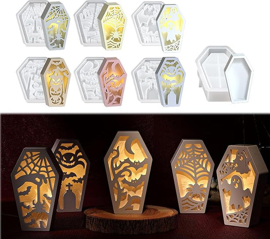 7 Packs Halloween Epoxy Resin Soft Silicone Molds, DIY Casting Halloween Coffin Trinket Box, Ghost, Spider, Bat, Pumpkin Plaster Mold, Handmade Art Craft Jewelry Storage Box Candle Stand Mould