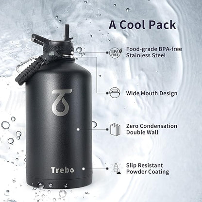 Trebo One Gallon Water Bottle Insulated with Paracord Handle,128oz Large Vacuum Double Wall Stainless Steel Insulated Jug with Straw Spout Handle Lids, Leakproof Keep Cold & Hot,Black