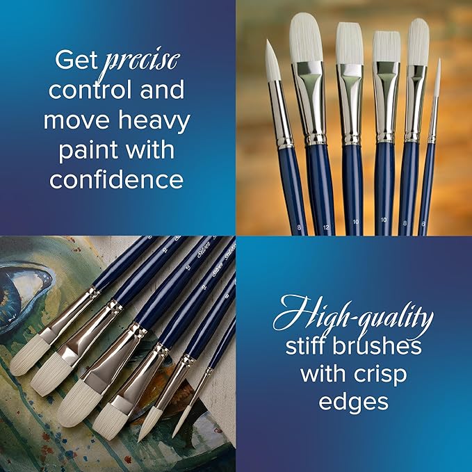 Silver Brush Limited BR-1954 Bristlon Long Handle Cat's Tongue & Filbert Brushes with Stiff White Synthetic Tips, 4pc Professional Painting Set for Acrylic, Oils, Gouache, Watercolor, and All Media