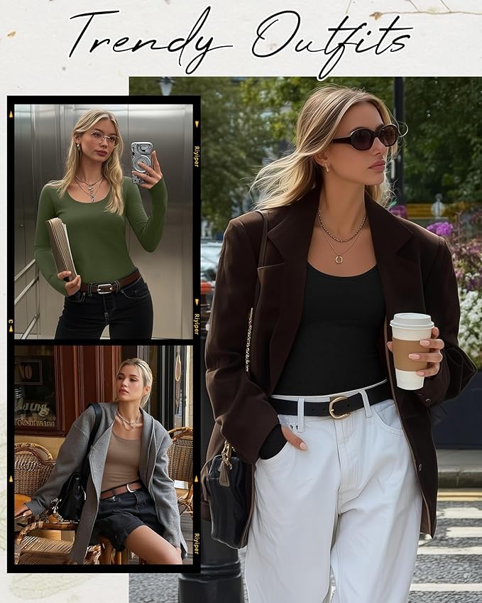 Riyiper 3 Pack Women's Thermal Long Sleeve Shirts, Fleece Scoop Neck Fitted Top Stretchy Thumb Holes Undershirt Baselayer Tee