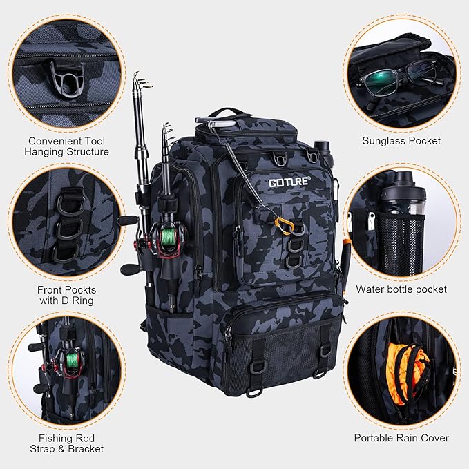 Goture 40L Fishing Tackle Backpack with Cooler and Removable Bait Binder, 900D Water-Resistant Tackle Backpack with 2 Rod Holders, Fishing Bag Storage Gear Tackle Bag with Rain Cover Camouflage