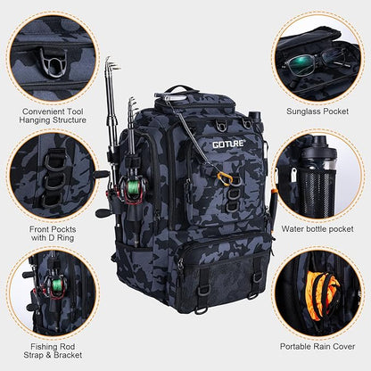 Goture 40L Fishing Tackle Backpack with Cooler and Removable Bait Binder, 900D Water-Resistant Tackle Backpack with 2 Rod Holders, Fishing Bag Storage Gear Tackle Bag with Rain Cover Camouflage