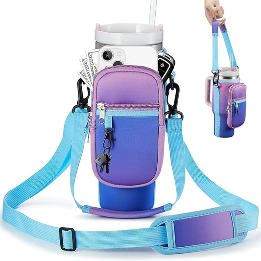 Water Bottle Carrier Bag with Phone Pocket for Stanley 40 & 30 oz Tumbler with Handle,Pink Insulated Neoprene Cup Holder Pouch w/Adjustable Strap for Quencher H2.0 Stanley Cup Accessories