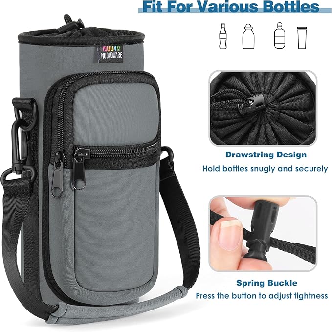 Nuovoware Water Bottle Carrier Bag,25oz/40oz/64oz Bottle Pouch Holder,Adjustable Shoulder Hand Strap 2 Pocket Sling Neoprene Sleeve Sports Accessories for Hiking Travelling Camping