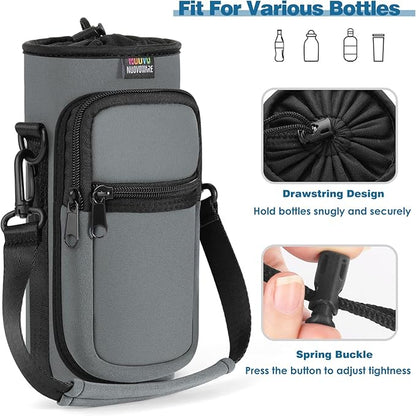 Nuovoware Water Bottle Carrier Bag,25oz/40oz/64oz Bottle Pouch Holder,Adjustable Shoulder Hand Strap 2 Pocket Sling Neoprene Sleeve Sports Accessories for Hiking Travelling Camping