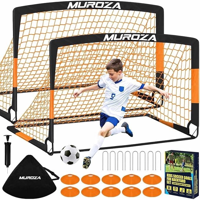 Agility Ladder & Soccer Goal Training Set, 20ft Speed Ladder with Cones, Hurdles, Jump Rope & Parachute, Plus 2 Pack Pop Up Kids Soccer Goals with Ball & Cones for Backyard Sports Practice