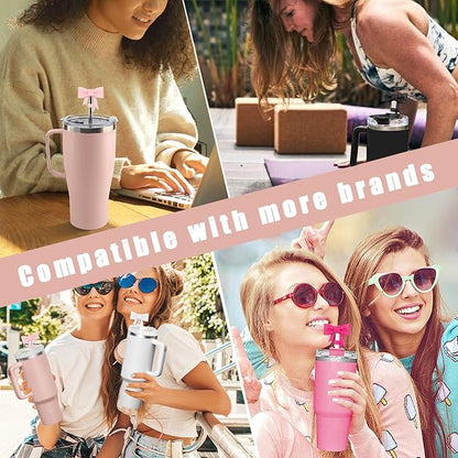 4Pcs Silicone Straw Toppers Covers for Stanley Cups 40/30oz 10mm(0.4in) Flash Black Dust-Proof Bow Straw Covers Toppers Rose Red Suitbale for Stanley Cup Accessories Reusable Straws Caps