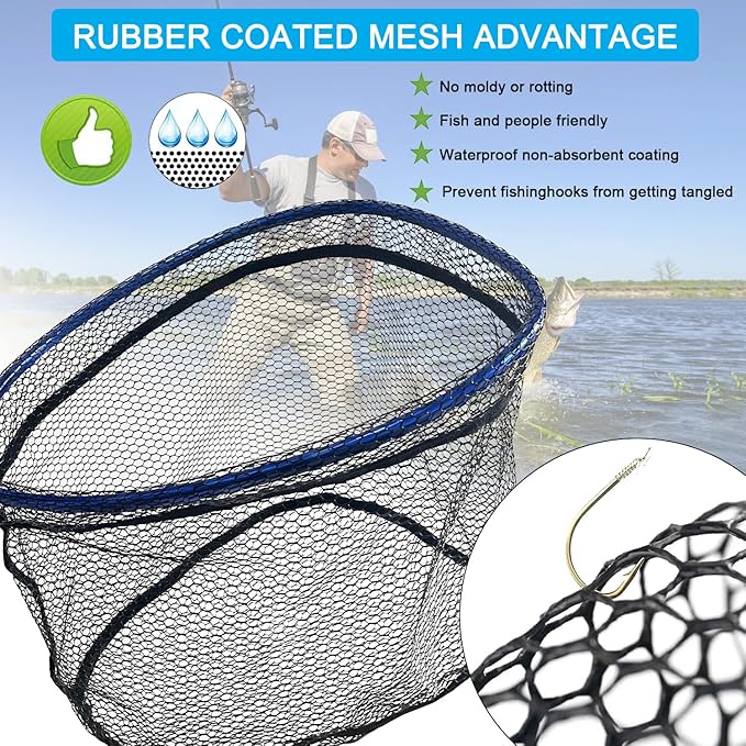 LBW Collapsible Fishing Net with Handle, Folding Kayak Net for Freshwater or Saltwater, Trout Catfish Bass Compact Rubber Landing Net