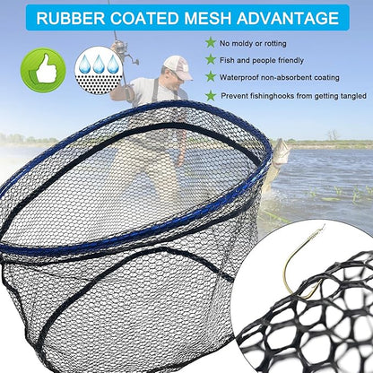LBW Collapsible Fishing Net with Handle, Folding Kayak Net for Freshwater or Saltwater, Trout Catfish Bass Compact Rubber Landing Net