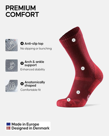 DANISH ENDURANCE Merino Wool Hiking Crew Socks for Men & Women, Cushioned Anti-Blister, Breathable - 3 Pairs
