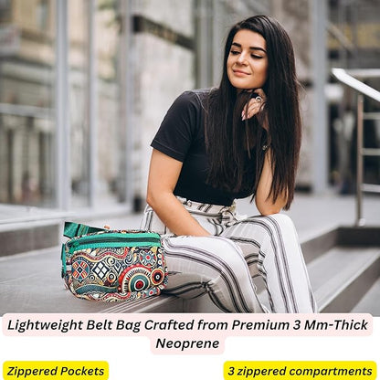 Yewande&co Neoprene Fanny Pack Belt Bag – Lightweight Waterproof Waist Bag with Adjustable Strap, 3 Zippered Pockets, Crossbody Belt Bag for Travel, African Design Crossbody Bags (Circus)