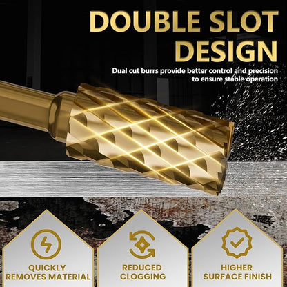 CATITO 10 Pcs 1/4" Carbide Burr Set, 1/4" Quick-Change Shank, Die Grinder Bits for Metal, Wood, Stone, Compatible with Most Rotary Tools