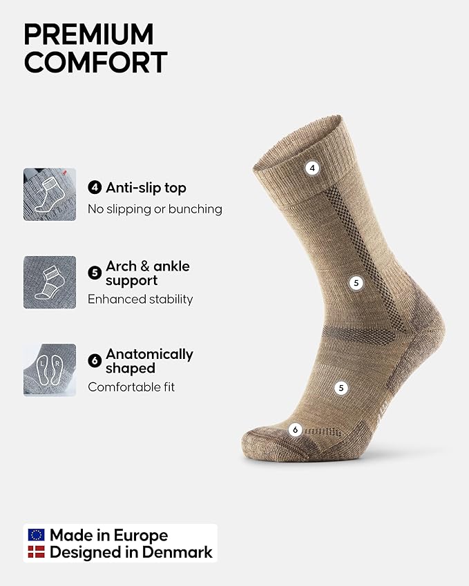 DANISH ENDURANCE Merino Wool Hiking Crew Socks for Men & Women, Cushioned Anti-Blister, Breathable - 3 Pairs