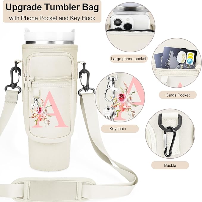 Initial Water Bottle Holder with Strap for Stanley 40 oz Tumbler/Simple Modern 40 oz Tumbler,Water Bottle Carrier Bag with Strap,Personalized A-Z Phone Pocket for Stanley Cup Accessories