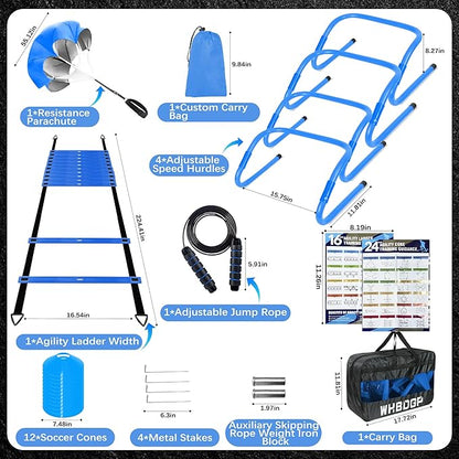 Agility Ladder Speed Training Equipment Set-20ft Agility Ladder,12 Soccer Cones,4 Hurdles,Jump Rope,Running Resistance,Soccer Football Training Equipment with Carrying Bag for Kids Adults