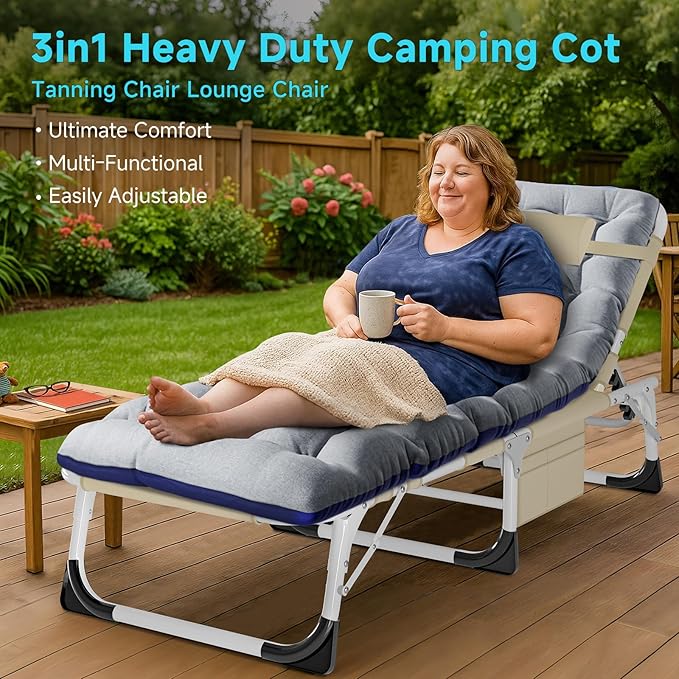 ABORON Folding Camping Cot W/Mat for Adults, Adjustable Heavy Duty Outdoor Bed,1200 D Layer Oxford Travel Camp Cots