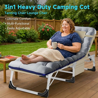 ABORON Folding Camping Cot W/Mat for Adults, Adjustable Heavy Duty Outdoor Bed,1200 D Layer Oxford Travel Camp Cots