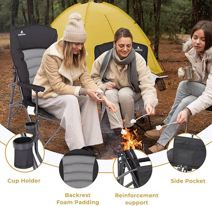 Camping Chairs for Adults, Adjustable Backrest Heavy Duty Oversized Folding Camping Chair Supports 350lbs for Outside with Cup Holder&Side Pocket, Outdoor Folding Camp Chair with High Back (Black)