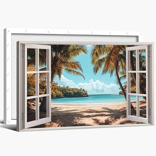 ANRUOXI Beach Wall Art, Window Frame Style Canvas Wall Decor Ocean, Blue Sea & Tropical Palm Tree Ocean Island Canvas, Paradise Scenery Nature Landscape Painting for Living Room Office Home 24x36 Inch
