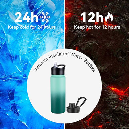 24oz Insulated Water Bottle with Straw Lid, Stainless Steel Metal Water Bottle with Straw & Wide Mouth Lid, Double Wall Vacuum Water Bottle for Hiking Camping, Gradient Green 4 Pack