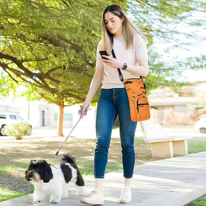 Halloween Black Bats Orange Water Bottle Holder with Strap Insulated Water Bottle Carrier Crossbody Bags Pouch with Phone Pocket for Travel Gym Hiking Walking Running